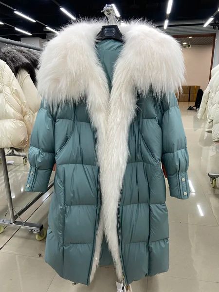 Sıcak satış doğal tilki kürk uzun beyaz ördek aşağı ceket yeni kış kadınlar sıcak gevşek ceket kalın lüks