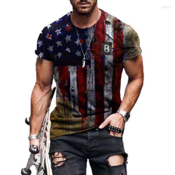 T-shirt da uomo 2023 Abbigliamento uomo Estate America Flag Retro Casual T-shirt a maniche corte Moda Girocollo Stelle Stampa Pullover Magliette allentate