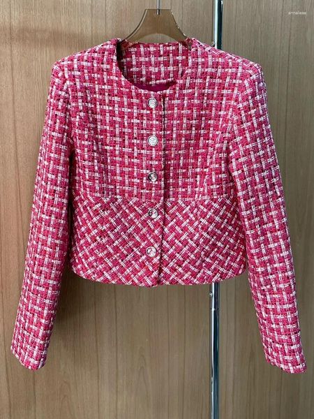 Giacche da donna Autunno Inverno Giacca scozzese rossa in tweed Donna Top Cappotto monopetto Donna O-Collo Tasca Slim Ladies Chaquetas Mujer