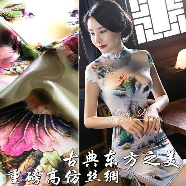 Tecido de roupas 150 cm estiramento pesado impresso chinês alta imitação de seda lótus impressão vestido material pano por atacado