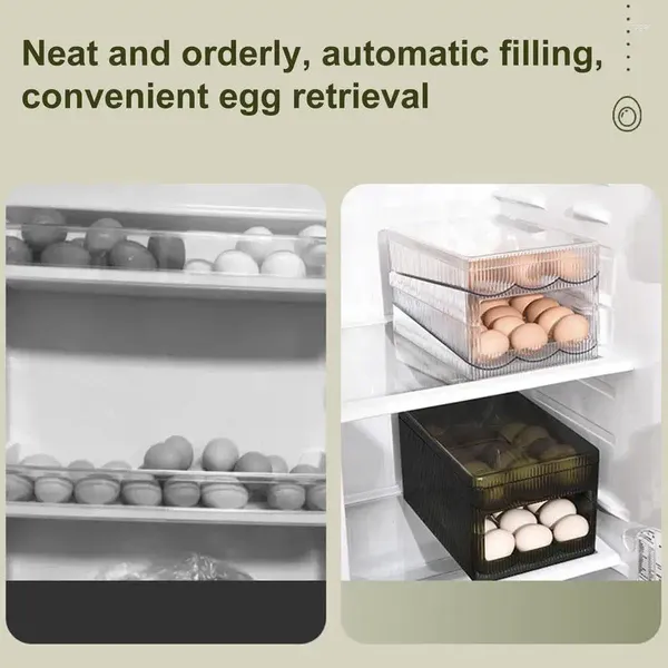 Recipiente de ovo de armazenamento de cozinha rolando automaticamente suporte de gaveta de geladeira dispensador empilhável de camada dupla