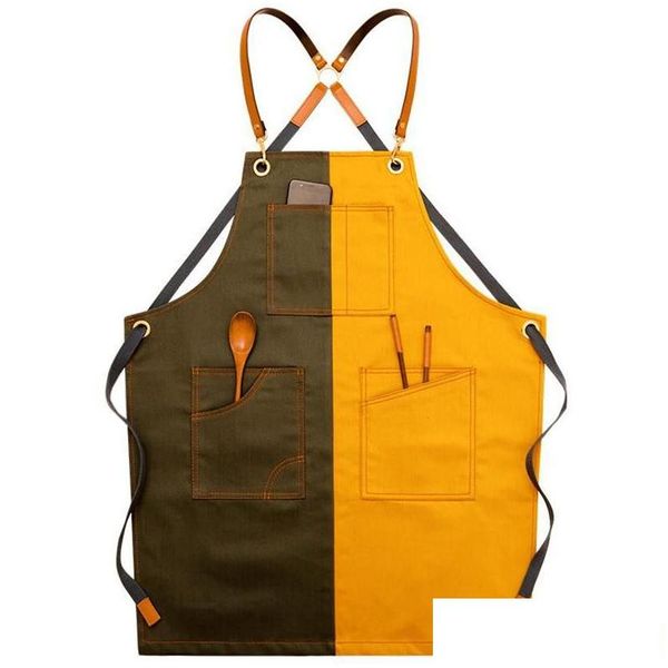 Schürzen Patchwork Canvas Schürze für Friseur Hausreinigung Backen Kochen Taschenkoch Pinafore Master Küchenzubehör Drop Del Otkjm