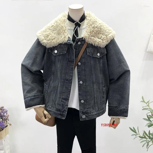 Jaquetas femininas 2023 inverno vintage faux cordeiro lã marinha gola mulheres denim parkas single-breasted manga longa solta casual macio quente pelúcia