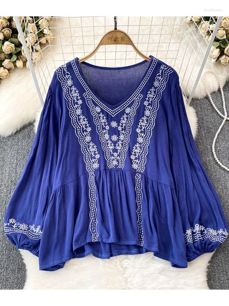 Kadın bluzları Kadınlar Bahar Sonbahar Bluz Vintage Etnik Stil Kabarcık Uzun Kollu V yakalı kazak gevşek pamuk keten gömlek rahat üst