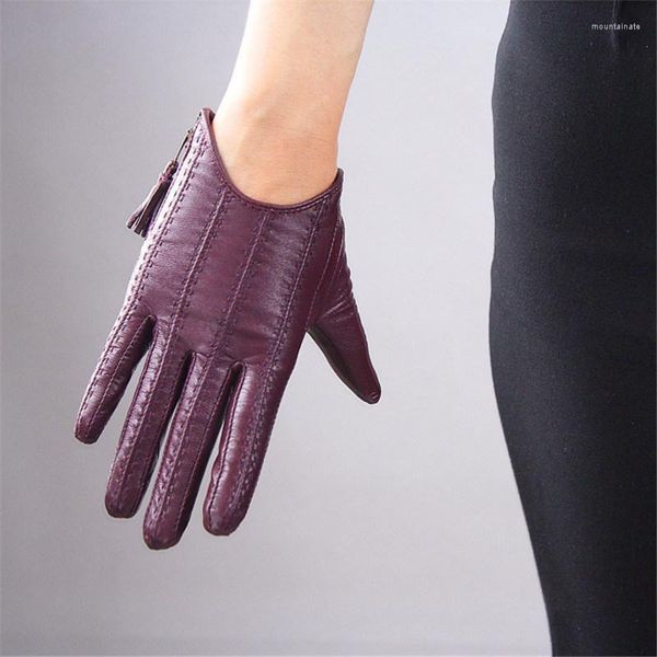 Handschoenen met vijf vingers Touchscreen Echt leer Puur geïmporteerd geitenleer Kwastje Rits Korte stijl Donkerpaars Vrouwelijke functie