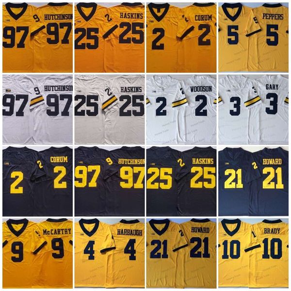 Michigan Wolverines 9 J.J. Maglia McCarthy College Football 2 Corum McNamara 10 Tom Brady 4 Jim Harbaugh 5 Jabrill Peppers Aidan Hutchinson Maglie blu gialle bianche