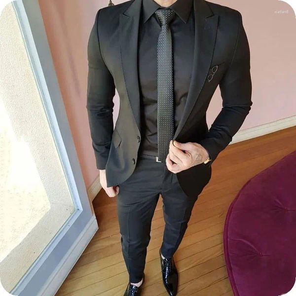 Ternos masculinos pretos 2023 casamento smoking para homem blazer mais recente casaco calças lapela repicada 2 peça terno masculino traje homme mariage