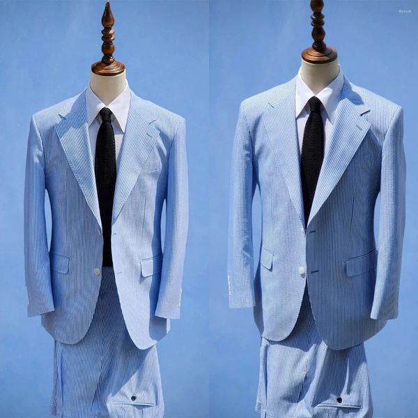 Мужские костюмы синие, на заказ, комплект из 2 предметов, пиджак, брюки, однобортный, свадебный, для жениха, с остроконечными лацканами, в тонкую полоску, на заказ, большие размеры