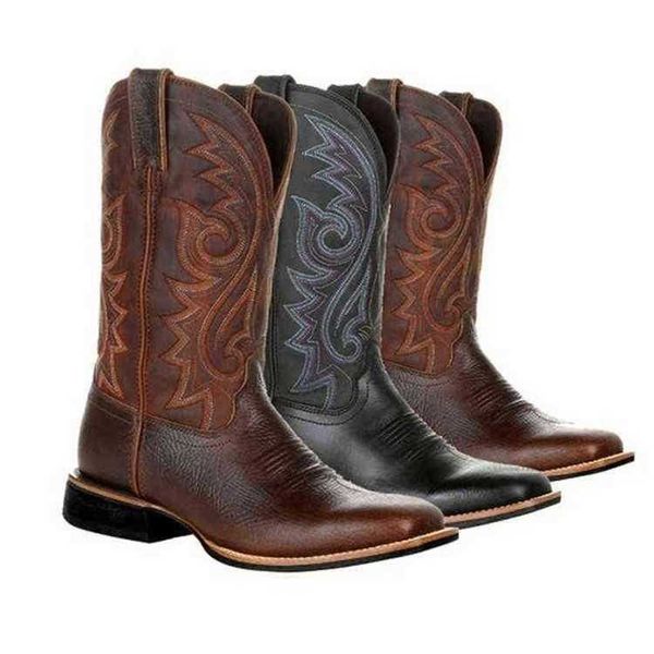 Stiefel Männer Mitte Wade Western Cowboy Motorrad Männlich Herbst Outdoor Leder Totem Med-kalb Retro Entworfene Schuhe 220805