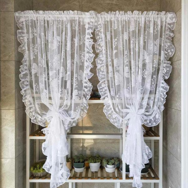 Cortina francesa borboleta flores renda branca babados estilo princesa tule transparente para sala de estar quarto meia porta