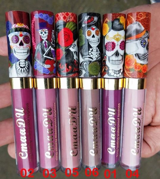 6-farbiger mattierter Metallschädel-einzelner Lipgloss, wasserfest, langlebig, feuchter Lipgloss, lebendiger bunter Lipgloss für Damen-Make-up