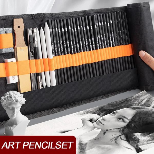 Ручки для рисования 273847 шт. Набор карандашей для эскизов с свернутой сумкой для ручек из холста Художественный рисунок Живопись Уголь Замешанный ластик Набор для рисования эскизов 231023