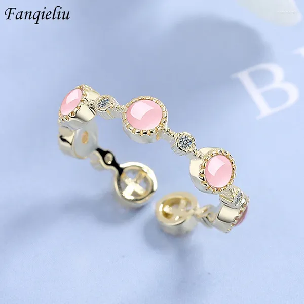 Cluster Ringe Fanqieliu Gold Farbe Luxus S925 Stempel Rosa Opal Zirkon Ring Für Frau Schmuck Mädchen Geschenk Trendy FQL21009