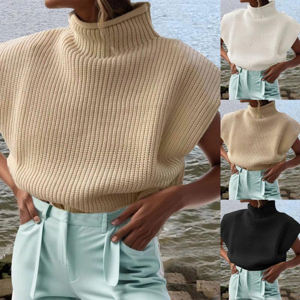 Damenpullover Ärmelloser Rollkragenpullover Damen 2023 Mode Herbst Winter Stehkragen Weste Chic Casual Solide Vintage Pullover