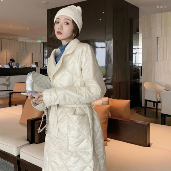 Kadın Trençkotları Kadın Kış Kış Kalıntılı Bej Uzun Parkas Parlak Argyle Plaid Bandage Pamuk Pamuk Down Down-Down Patalı Palto Gevşek Ceket