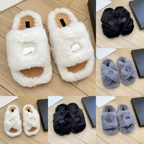 2023 Pantofole di pelliccia di lusso diapositive Sandali firmati Uomo Donna Inverno all'aperto Scarpe di lana piatte pelose Pantofole con diapositive in shearling soffice Sandali Chypre Infradito