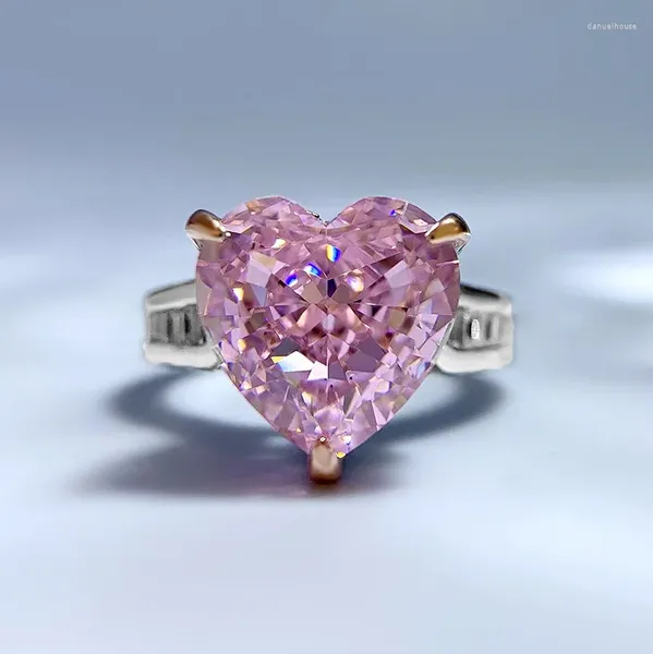 Anelli a grappolo 2023 Anello in argento 925 con 11 diamanti rosa a forma di cuore ad alto tenore di carbonio Moda semplice