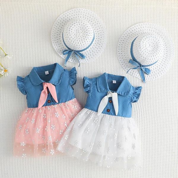 Vestidos de menina 2023-02-20 Lioraitiin bebê 2pcs roupas de verão manga botão para baixo denim top a linha vestido sol chapéu conjunto