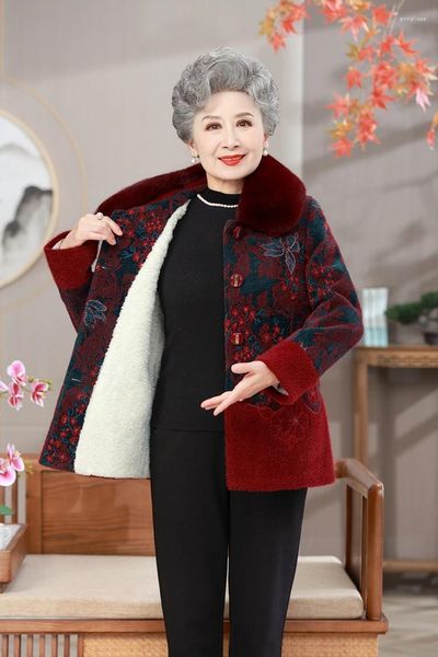 Trench da donna Anziani di mezza età Plus Velluto spesso Parka Giacca da nonna Indossare caldo cappotto di cotone Imitazione visone Abiti invernali
