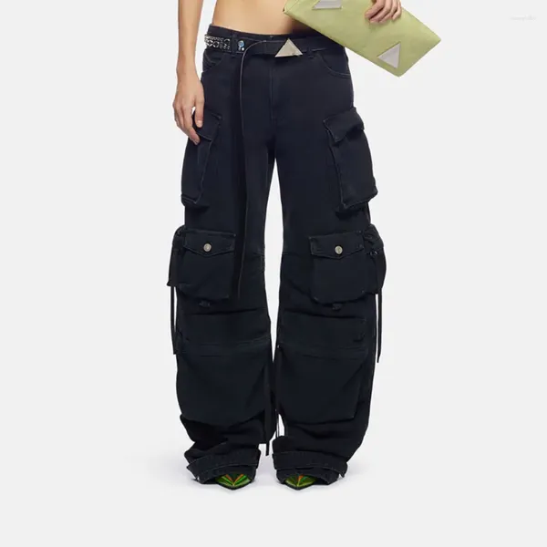 Pantaloni da donna Jeans 2023 Estate Y2k Tasche Decorate Lavaggio retrò Alla moda Casual Cento cotone Nero Lavoro