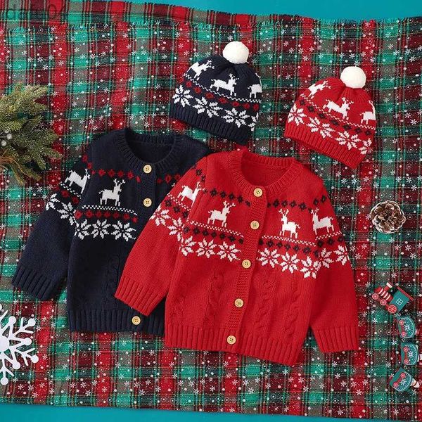 Sets Weihnachten Neugeborenen Baby Pullover Kleidung Winter Casual Button Up Stricken Kleinkind Kinder Jungen Mädchen Weihnachten Stricken Jacken Mäntel + hutL231024