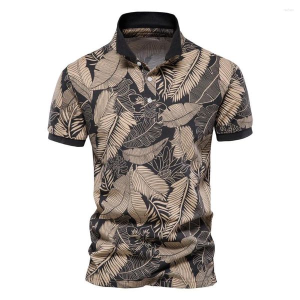 Мужские футболки 2023, летняя футболка-поло для мужчин, хлопковая мужская рубашка с коротким рукавом в гавайском стиле с принтом листьев, модная брендовая одежда