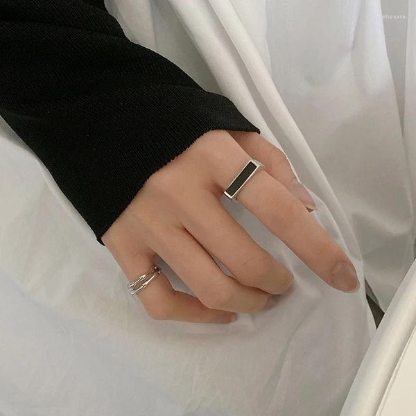 Кольца кластера, черные крутые прямоугольные геометрические регулируемые тайские серебряные цвета для женщин и мужчин, простые модные украшения в стиле панк, SR2312
