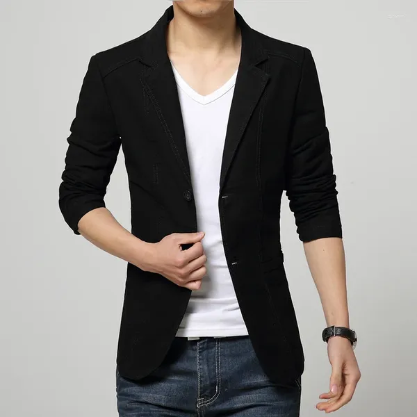 Trajes de hombre 2023 chaqueta informal ajustada de algodón para hombre Blazer de un solo botón negro traje para hombre abrigo de retazos Suite masculina