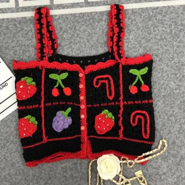 Suéteres femininos retro doce fruta carta padrão preto e vermelho cor tricô curto sling verão colete fino