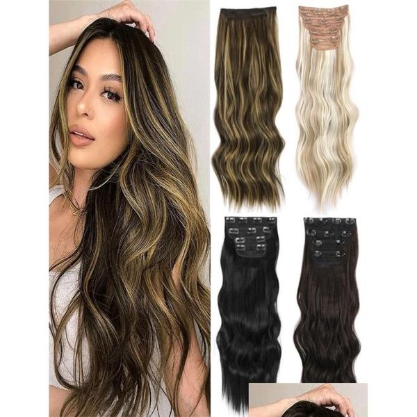 Grampo em/em extensões de cabelo aisi cabelo sintético 4 pçs/set longo ondulado extensões clipe em ombre loira marrom escuro peças grossas w22040198976 otptr