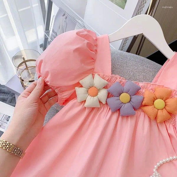 Платья для девочек, летнее поступление 2023 года, платье для девочек с короткими пышными рукавами и цветами, розовое, фиолетовое, милое праздничное платье Roupa Infantil Menina, костюм 18 месяцев-6 лет