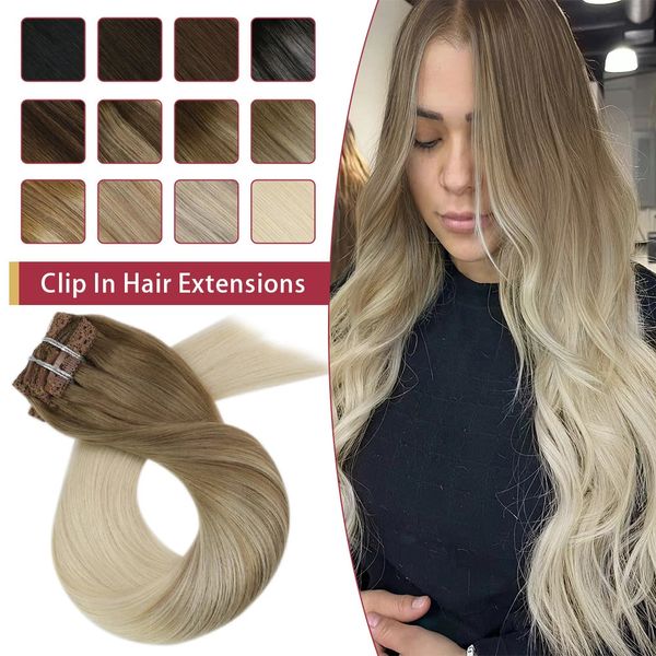 Haarteile Moresoo Clip in 100 Real Remy Human Brasilianisch Seidig Glatt Balayage Blonde 231024