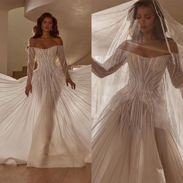 Ilusão fora do ombro uma linha vestido de casamento até o chão pérolas árabe saudita manga cheia vestido de noiva feito sob encomenda
