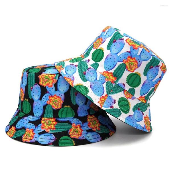 Berets unisex verão pescador chapéu reversível balde chapéus para mulheres homens streetwear cactus boné vintage impresso pesca