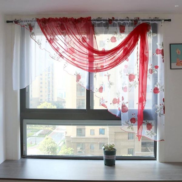 Vorhang, wunderschöner floraler Organza-Vorhang für Küche, Balkon, Wohnzimmer, Schlafzimmer, Voile-Fenstervorhänge mit rotem Volant