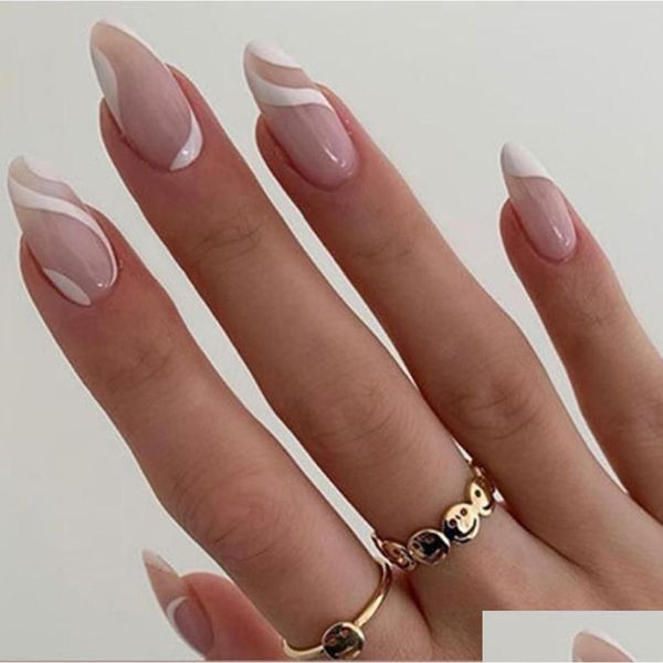 Unhas falsas unhas curtas de amêndoa conjunto de 24 peças prensadas em unhas falsas listradas Fl Er unhas postiças6564369 Saúde Beleza Nail Art Salon N Ottzg