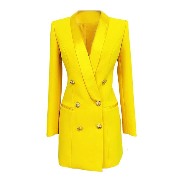 Abiti da donna Blazer Abito lungo blazer Giallo Giacca primaverile Donna Doppio petto Bottoni dorati Colletto in raso Abito blazer da donna di alta qualità 231024