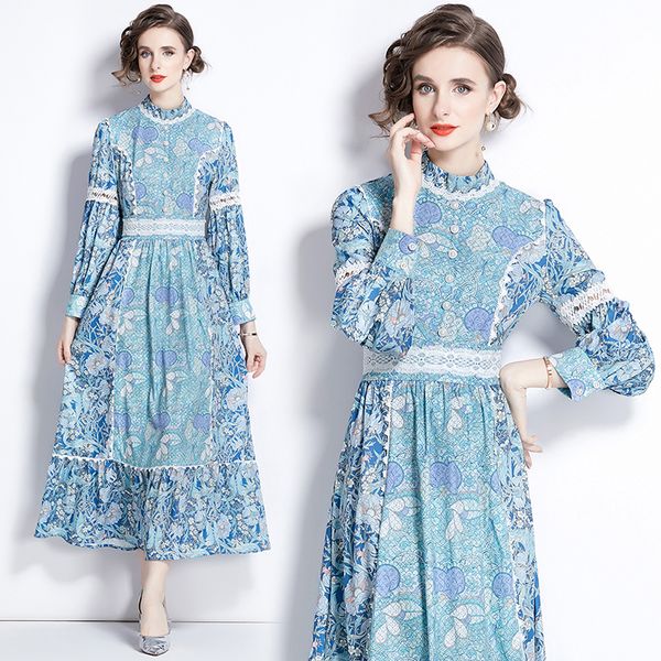 Retro-Druck-Maxikleid für Damen, Designer-Stehkragen, Laternenärmel, schlankes blaues Urlaubskleid, 2023, Herbst-Winter, Landebahn, locker, großer Schwung, elegante Passform, Partykleider