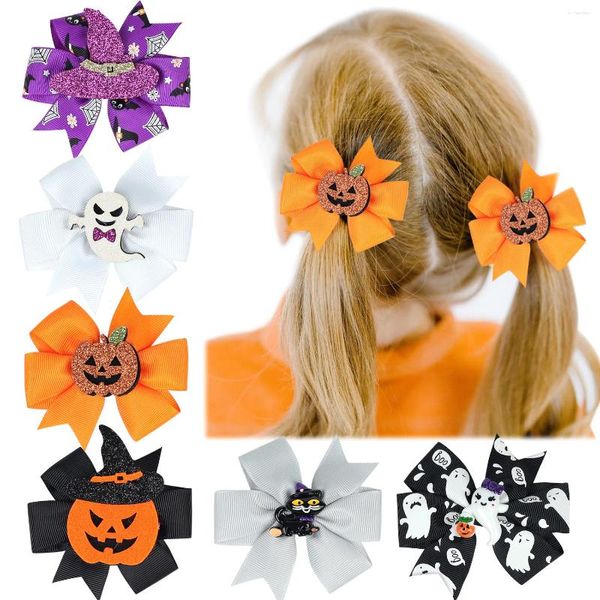 Haarschmuck für Kinder, Halloween-Accessoire, schwarzer Geister-Haargummi, handgefertigte Blumenklammer mit Kürbis-Hexenhut-Schleife und Entenschnabel