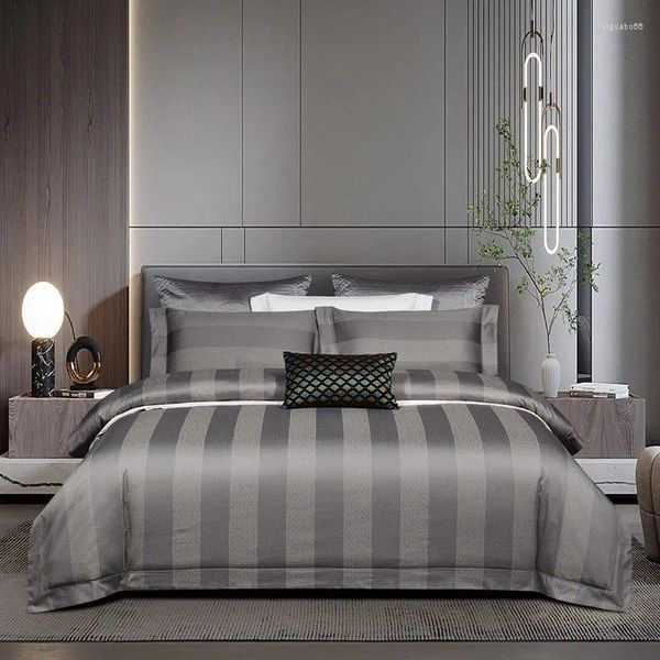 Bettwäsche-Sets, 1000TC ägyptische Baumwolle, luxuriöses, schickes Jacquard-Bettbezug-Set, graue vertikale Streifen/blaue flache Bettlaken-Kissenbezüge