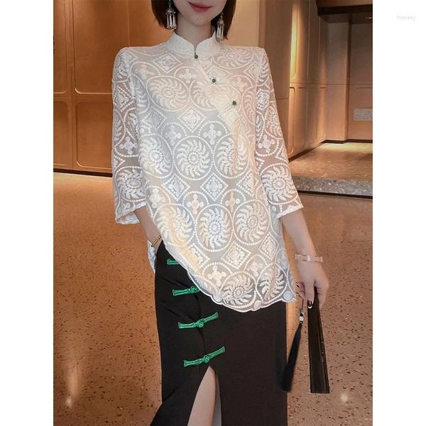 Blusas femininas 2023 verão moda melhoria tang terno chinês em pé pescoço branco bordado estilo de fadas suave temperamento camisa