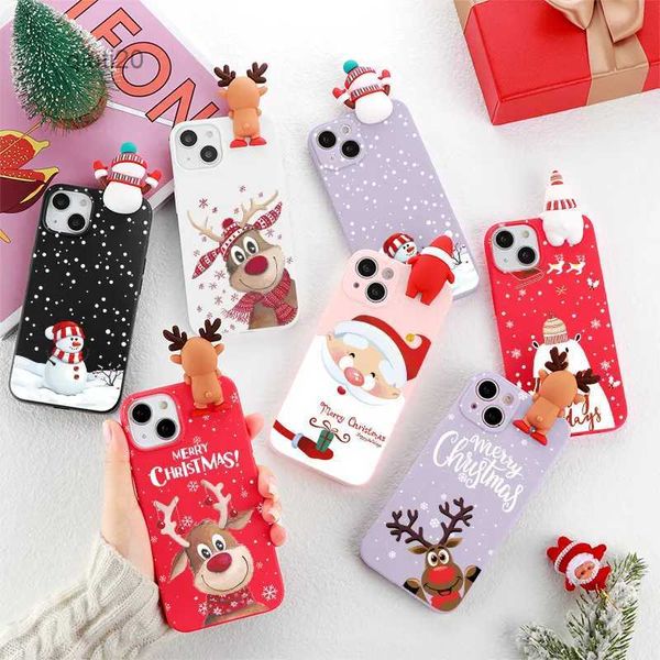 Чехлы для мобильных телефонов Милый чехол с 3D-куклой и мультяшным рождественским оленем и снеговиком для iPhone 14 13 12 11 Pro Max Mini X Xs XR 8 7 6 6s Plus SE2 SE 2022 CoverL231024