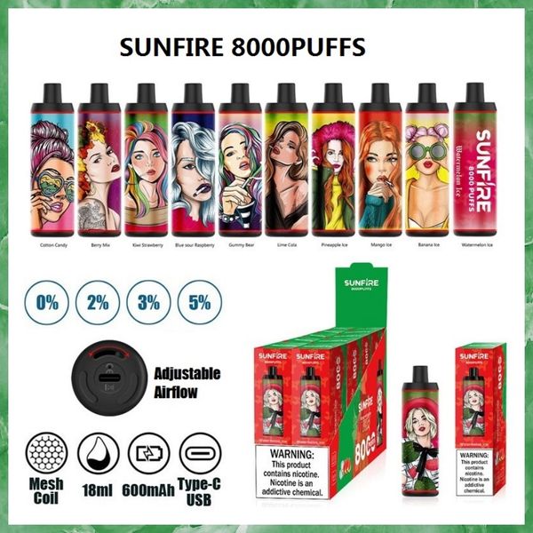 Top Sunfire Tornado 8000 -Puffs Einweg -Vape Vape Stift 600mAh wiederaufladbare Batterie 18ml Maschenspulen Elektronische Zigaretten vorgefüllte Vaporizer Bars Kits Direkt auf Lunge