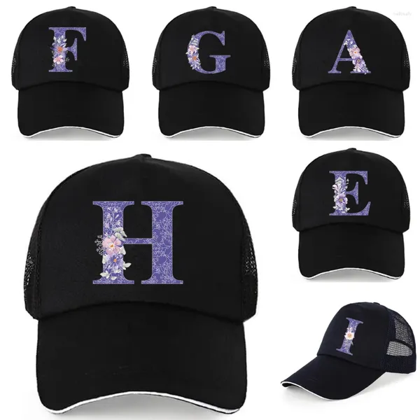 Berretti da baseball da donna Berretto da baseball Fiore viola Lettera Snapback Cappello a rete estivo Uomo Moda Hip Hop Casual regolabile Osso da esterno