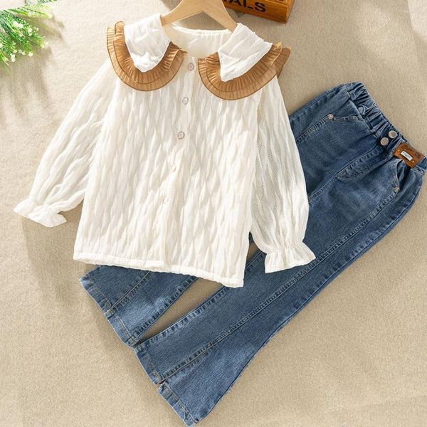Conjuntos de roupas terno para meninas crianças roupas moda babados colarinho blusa casual bifurcada calça jeans 2 peças primavera bebê