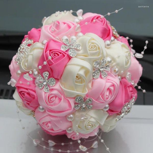 Hochzeitsblumen, weiß, rosa, Accessoire, Blumensträuße, Satinband, süße 15 Quinceanera-Strasssteine, Kristall, Brautholding, Q358