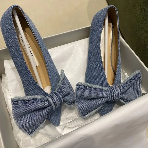 Scarpe eleganti Punta quadrata blu Bowknot Principessa Single Primavera ed estate Denim Bocca superficiale Dolce personalità Casual piatta 231024