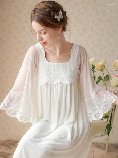 Kadın pijama kadınları peri beyaz tatlı örgü prenses gece elbisesi parlama kılıf nakış peignoir nighwear Victorian Nightgowns