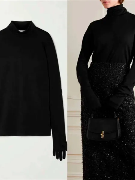 Kadın Sweaters Kadın Eldivenleri Tek Parça Örme Kazak Yün Karma 2023 Uzun Kollu İnce Fit Klasik Bultleneck Siyah Örgü Külot