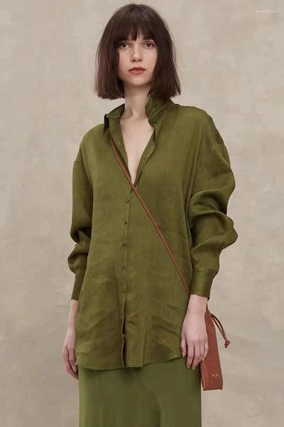 Camicette da donna Camicia slim verde stile spagnolo con piccoli risvolti e camicetta da donna in lino di seta verde oliva Top da donna slanciata